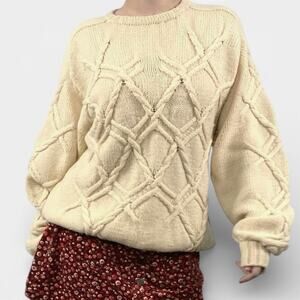 Vintage Oversized Cream Beige Knit Chunky Wool Sweater Sz L